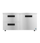 The Hoshizaki Undercounter Low Profile Refrigerator features two pull-out drawers on the left and a double-door compartment on the right. Its smooth surface, black recessed handles, and ADA compliant design add both style and accessibility.