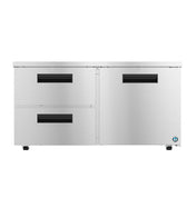 The Hoshizaki Undercounter Low Profile Refrigerator features two pull-out drawers on the left and a double-door compartment on the right. Its smooth surface, black recessed handles, and ADA compliant design add both style and accessibility.
