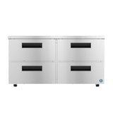 A low profile, stainless steel undercounter refrigerator with four horizontal drawers—two on each side, featuring black recessed handles. The unit boasts a smooth metallic finish and wheels at the bottom corners for easy mobility.
