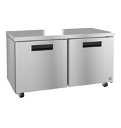 A Hoshizaki stainless steel undercounter refrigerator with two front doors, black handles, and four wheels. Its flat top surface is ideal for kitchen prep work, and a small blue logo accents the lower right corner.