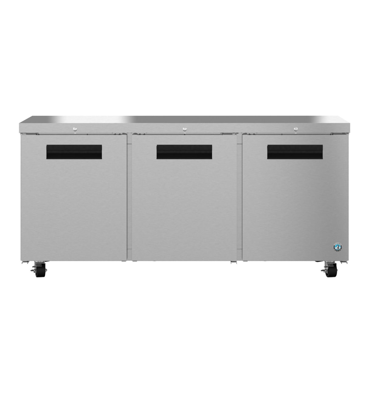 A large commercial stainless steel refrigerator with three front doors, ENERGY STAR rated for efficiency. Each door has a black rectangular handle, and the unit features a flat top, four small wheels for mobility, and a brushed metal finish.