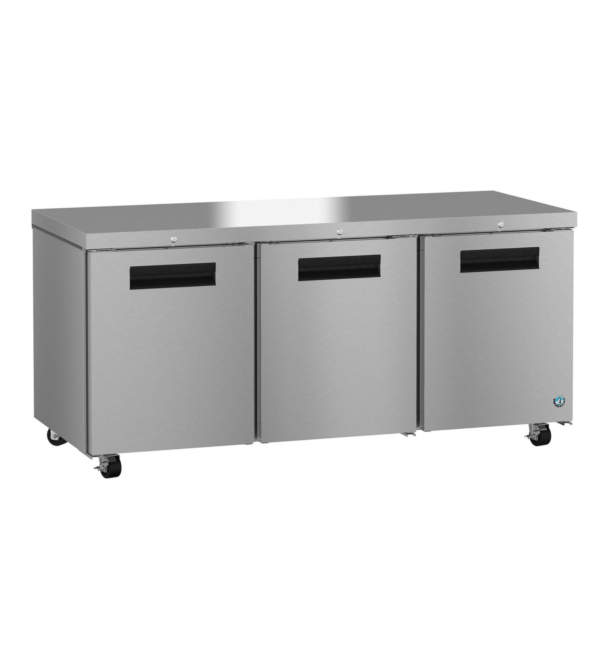 A large, ENERGY STAR stainless steel commercial refrigerator with three front doors, black handles, and four small wheels for mobility. Its flat top surface and sleek, industrial design make it ideal for any professional kitchen.