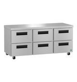 A large, stainless steel commercial kitchen worktable features six pull-out drawers with black handles, arranged in two rows of three. The table is on wheels for mobility, and pairs perfectly with a Hoshizaki undercounter refrigerator.