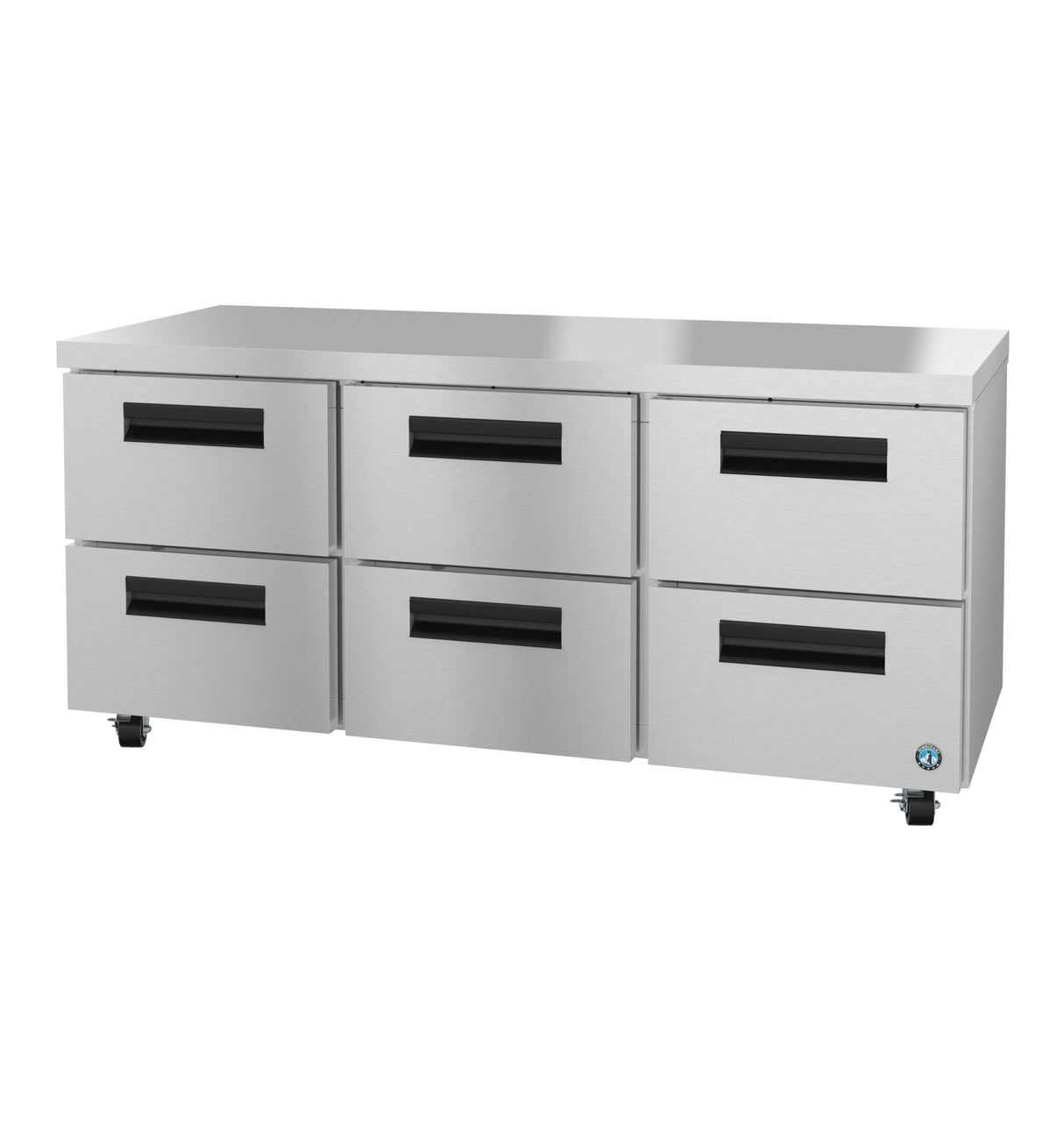 A Hoshizaki stainless steel undercounter refrigerator with six wide drawers in two rows of three, each featuring a horizontal black handle. The flat top and four small wheels make it ideal for any kitchen or food service setting.