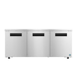 A large, commercial Hoshizaki UR72B-LP undercounter low profile refrigerator with three front doors, each featuring a rectangular black handle slot. The smooth stainless steel surface has a small blue logo in the bottom right corner. Background is plain white.