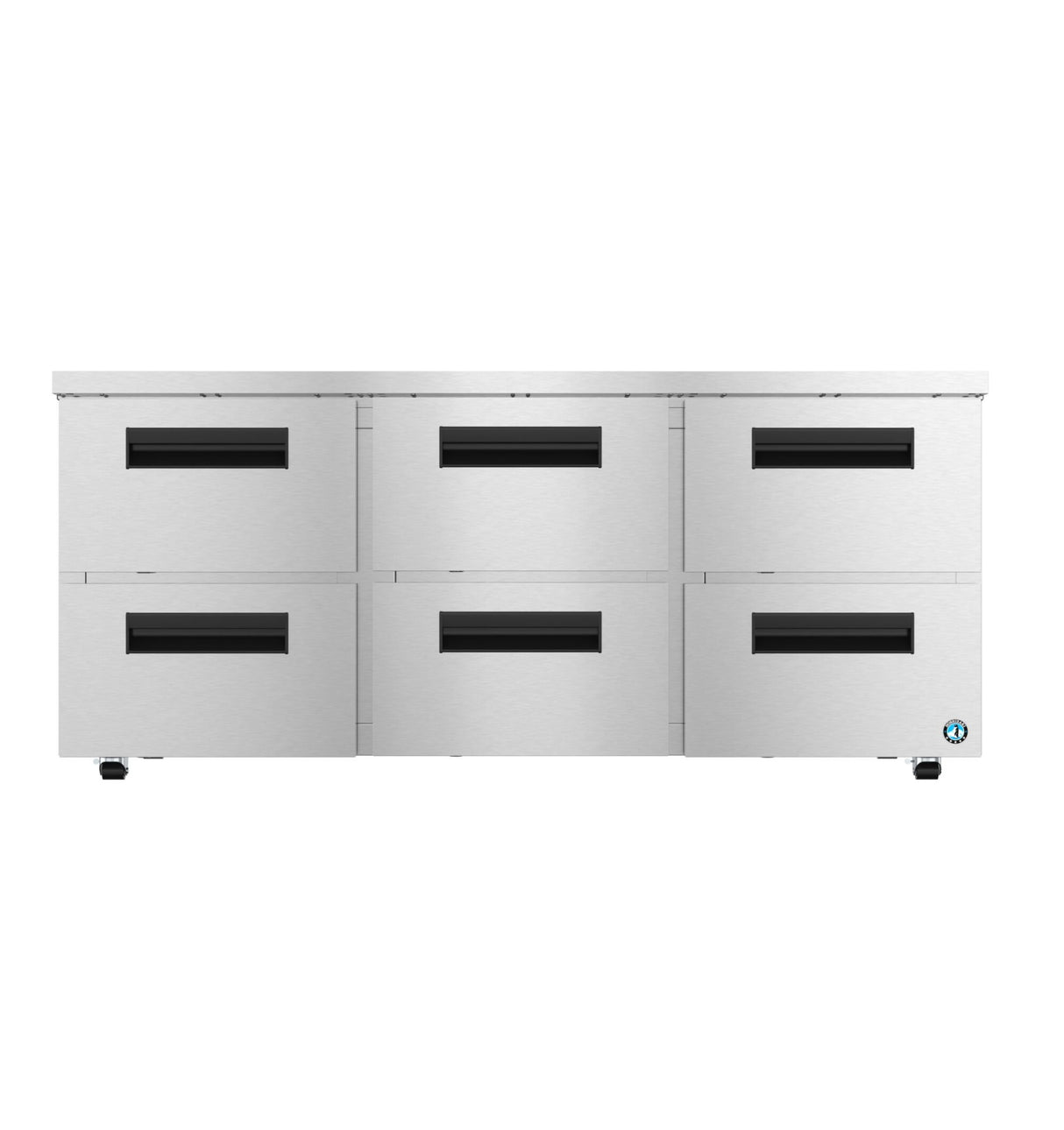 A low profile undercounter refrigerator with six stainless steel drawers in two rows of three. Each drawer includes a black handle slot, and a small round blue and white logo is displayed on the front lower right corner.