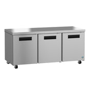 A large, commercial Hoshizaki Steelheart Series stainless steel refrigerator with three front doors, each with a black handle. The unit features four wheels for mobility and a small blue logo on the lower right corner. The design is sleek and industrial.