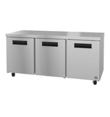 The Hoshizaki Steelheart Series undercounter refrigerator features three doors, sleek black handles, a flat top surface, and four caster wheels for mobility—a modern industrial design ideal for busy restaurant kitchens.