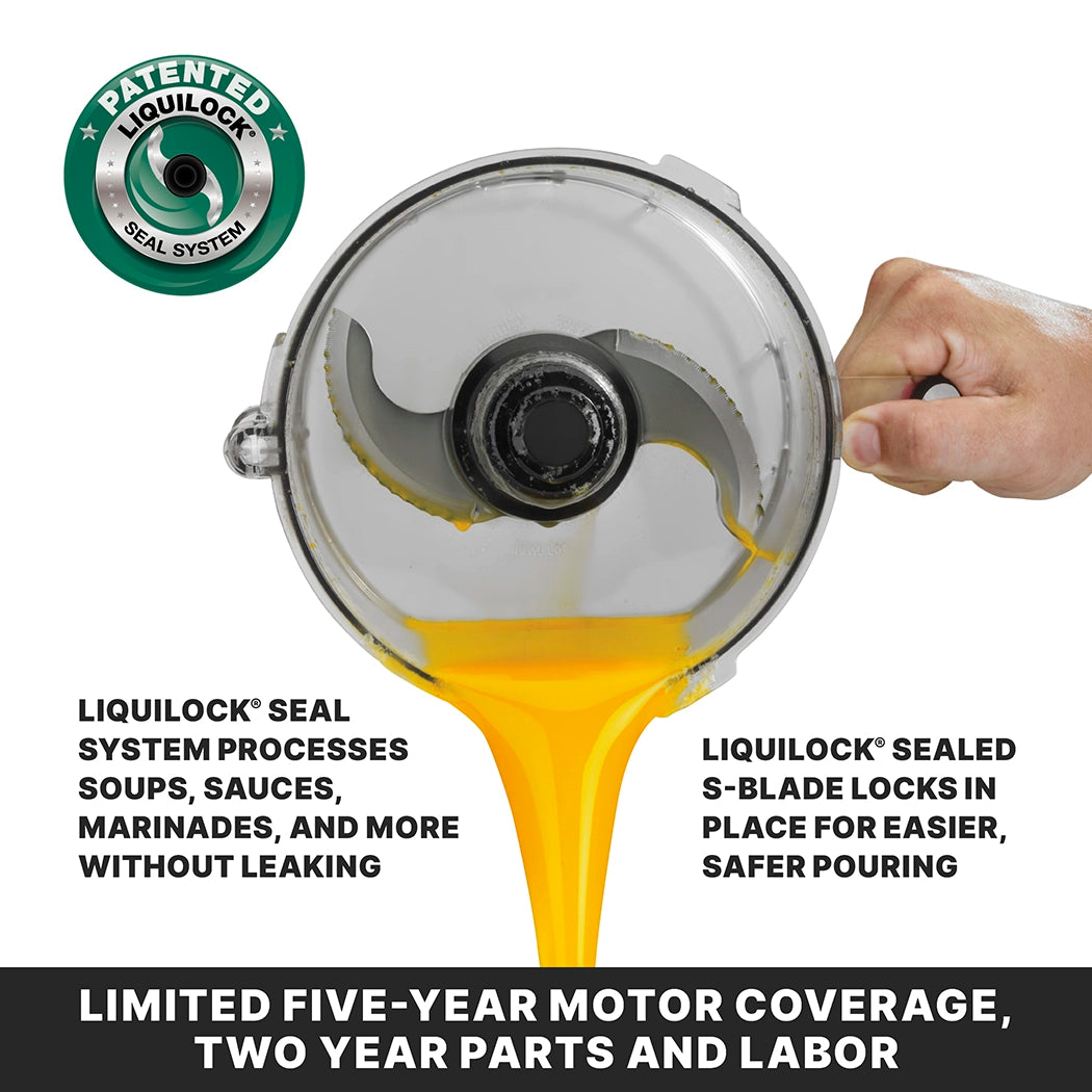 A 3.5 quart Commercial Food Processor bowl with a sealed S-blade pours thick yellow liquid, showcasing the LiquiLock Seal System for leak-proof processing and secure blade locking. Branding and warranty info appear below as a hand tilts the bowl.