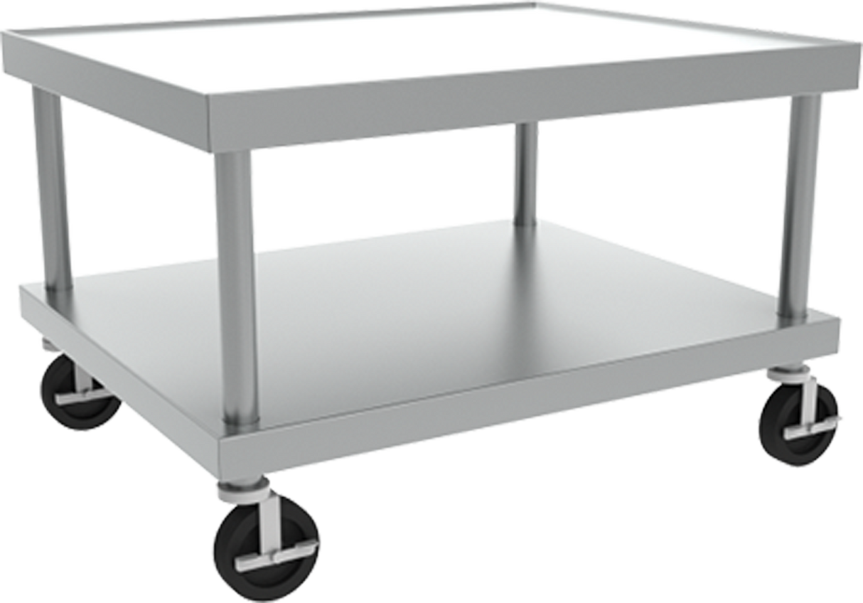 A stainless steel utility cart with two rectangular shelves, four cylindrical legs, and black caster wheels. The Vulcan cart features an open, minimalist design—ideal as an equipment stand or for transporting items in industrial settings.