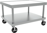 A stainless steel utility cart with two rectangular shelves, four cylindrical legs, and black caster wheels. The Vulcan cart features an open, minimalist design—ideal as an equipment stand or for transporting items in industrial settings.