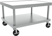A stainless steel utility cart with two rectangular shelves, four cylindrical legs, and black caster wheels. The Vulcan cart features an open, minimalist design—ideal as an equipment stand or for transporting items in industrial settings.
