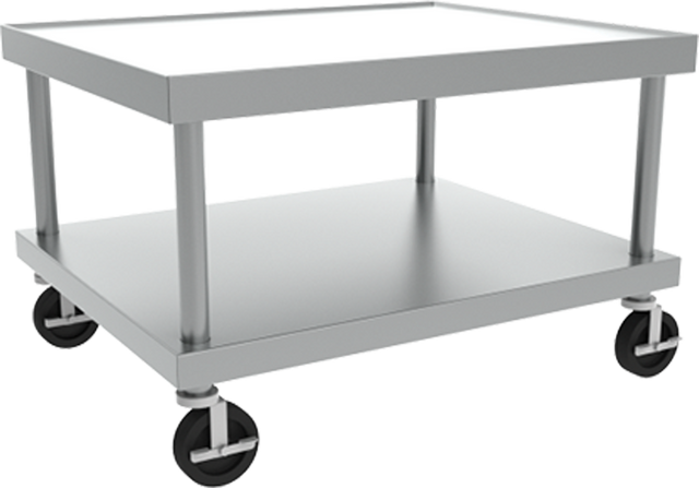 A stainless steel utility cart with two rectangular shelves, four cylindrical legs, and black caster wheels. The Vulcan cart features an open, minimalist design—ideal as an equipment stand or for transporting items in industrial settings.