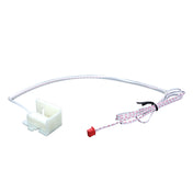 A white plastic component with a slot is attached to a long, thin, white and red braided wire ending in a small red connector; ETL compatible and designed for Empura Ice Machines as an ice full switch. The coiled wire is secured with a black twist tie on a plain white background.