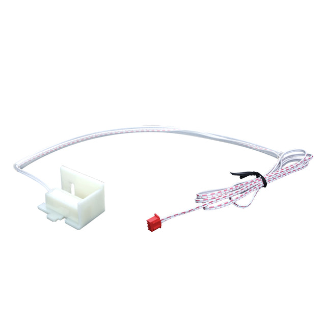 A white plastic component with a slot is attached to a long, thin, white and red braided wire ending in a small red connector; ETL compatible and designed for Empura Ice Machines as an ice full switch. The coiled wire is secured with a black twist tie on a plain white background.