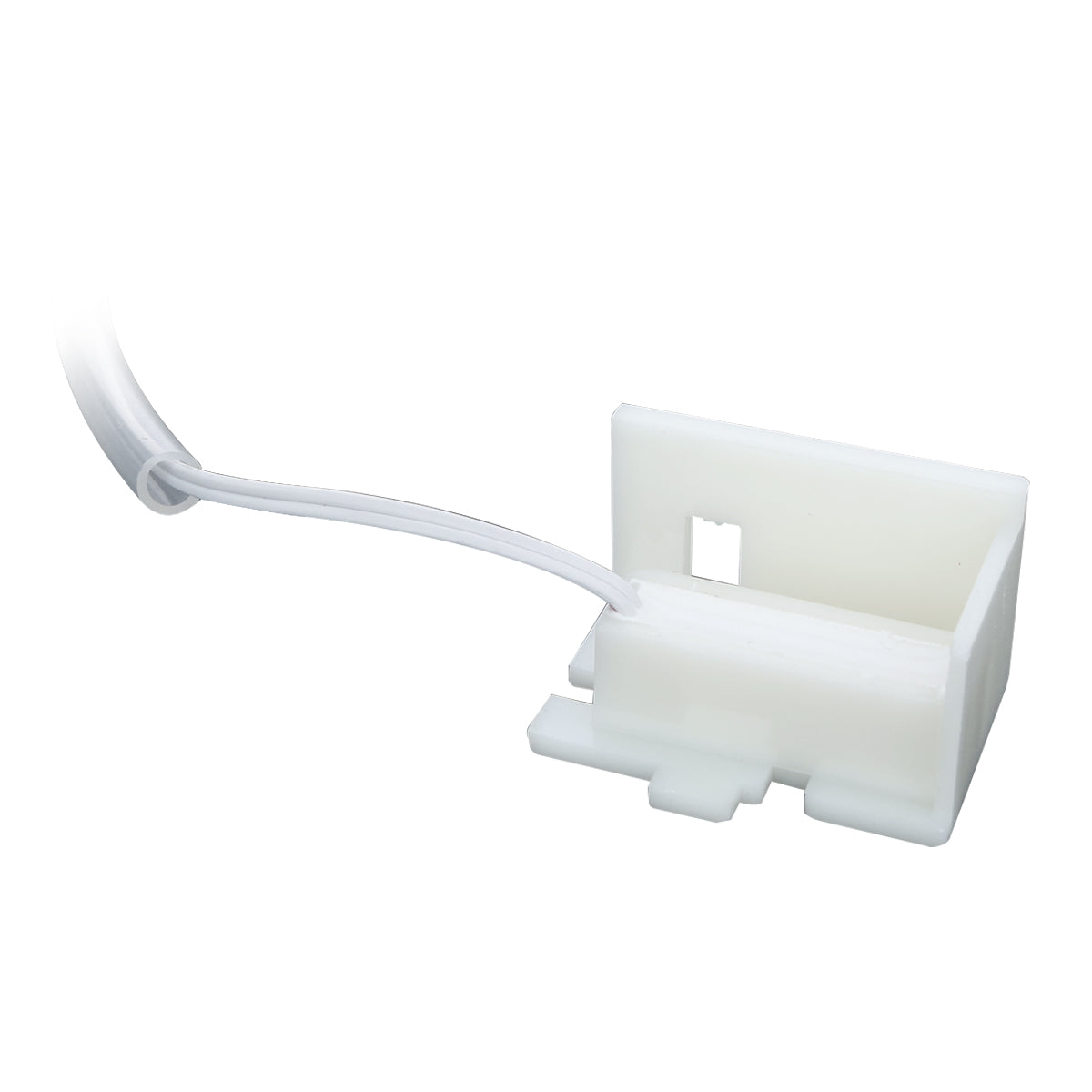 A white rectangular plastic connector, ETL compatible, with an attached transparent wire entering from the left side. The connector features an open top, a small square cutout on one side, and a bottom front tab for secure use in Empura Ice Machines.