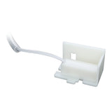 A white rectangular plastic connector, ETL compatible, with an attached transparent wire entering from the left side. The connector features an open top, a small square cutout on one side, and a bottom front tab for secure use in Empura Ice Machines.