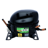 A black, oval-shaped Empura Parts compressor with copper tubes extending from its sides. It sits on a flat metal base with mounting holes. A green and white label and a yellow caution sticker are visible—ideal for Empura ice machines.