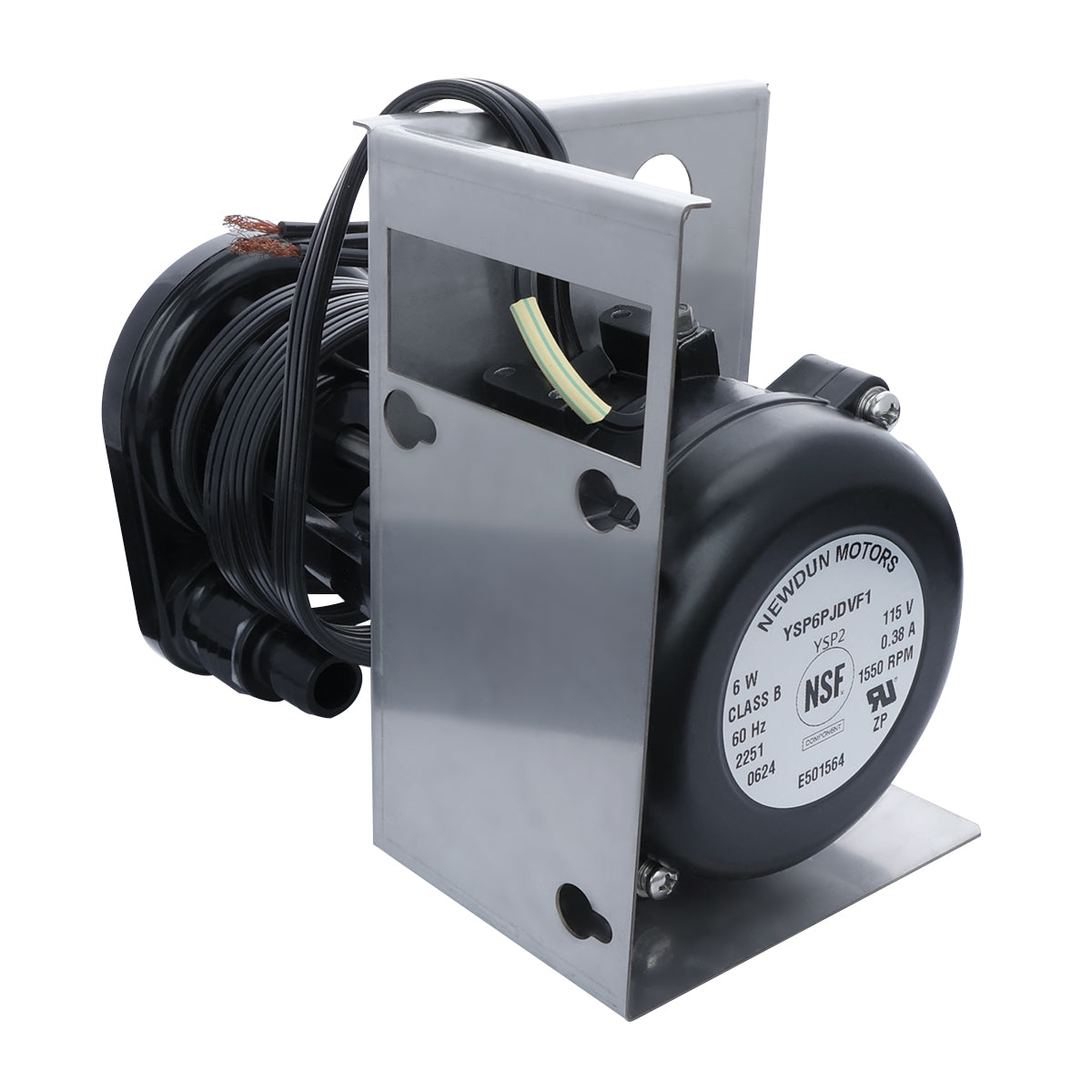 A black and silver E-MCF500 electric motor with a cylindrical housing, attached to a metal mounting bracket. Several wires are coiled around the back. The front label lists specifications for Empura Ice Machines, including voltage and certification markings.
