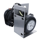 A black and silver E-MCF500 electric motor with a cylindrical housing, attached to a metal mounting bracket. Several wires are coiled around the back. The front label lists specifications for Empura Ice Machines, including voltage and certification markings.