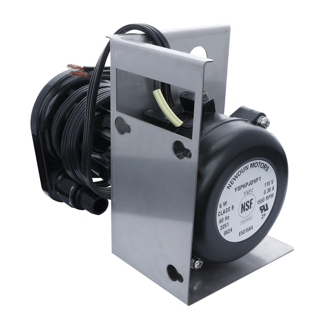 A black and silver E-MCF500 electric motor with a cylindrical housing, attached to a metal mounting bracket. Several wires are coiled around the back. The front label lists specifications for Empura Ice Machines, including voltage and certification markings.