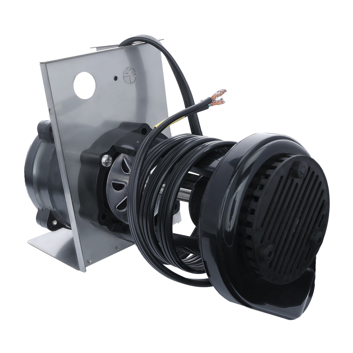 A black electric motor with a vented cover, similar to those used in Empura Ice Machines, is mounted on a metal bracket. Several black electrical wires are coiled around the motor, with exposed copper ends. The plain white background highlights the details.