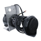 A black electric motor with a vented cover, similar to those used in Empura Ice Machines, is mounted on a metal bracket. Several black electrical wires are coiled around the motor, with exposed copper ends. The plain white background highlights the details.