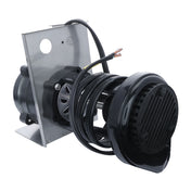 A black electric motor with a vented cover, similar to those used in Empura Ice Machines, is mounted on a metal bracket. Several black electrical wires are coiled around the motor, with exposed copper ends. The plain white background highlights the details.