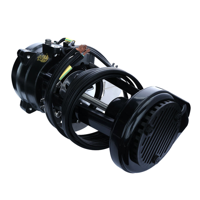 A black underwater scooter propeller with protective housing, electrical wiring, and a cylindrical motor body. The device resembles components from E-UCF120 water pump systems, featuring a vented front grill and several cables coiled around the midsection.