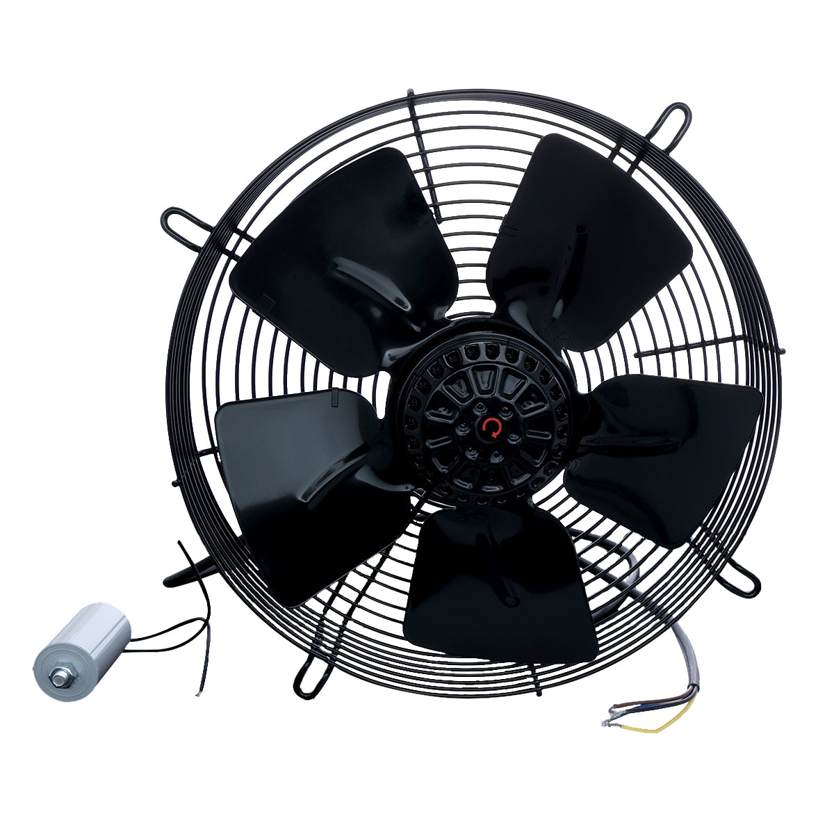 A black metal industrial fan with five wide blades and a protective wire cage, ideal for Empura Ice Machines. The fan is shown with attached wiring and a cylindrical capacitor, all isolated on a white background. Replace your Empura Parts easily.