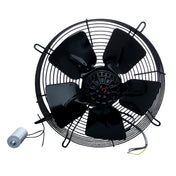 A black metal industrial fan with five wide blades and a protective wire cage, ideal for Empura Ice Machines. The fan is shown with attached wiring and a cylindrical capacitor, all isolated on a white background. Replace your Empura Parts easily.