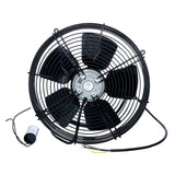 A black industrial axial fan, compatible with Empura Ice Machines, features five blades, a protective circular metal grille, attached electrical wires, and a cylindrical capacitor. The fan is shown from the front against a white background.