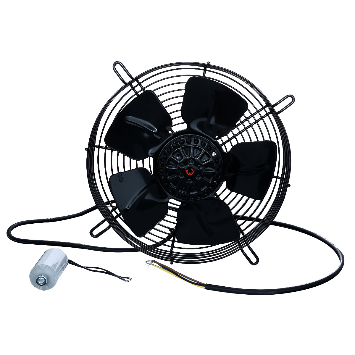 A black, circular metal industrial fan with five curved blades is shown. Featuring a protective wire grille, it’s pictured with attached electrical wiring and a silver cylindrical motor—ideal as an Empura Parts replacement for Empura Ice Machines.