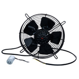 A black, circular metal industrial fan with five curved blades is shown. Featuring a protective wire grille, it’s pictured with attached electrical wiring and a silver cylindrical motor—ideal as an Empura Parts replacement for Empura Ice Machines.