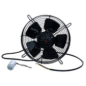A black, circular metal industrial fan with five curved blades is shown. Featuring a protective wire grille, it’s pictured with attached electrical wiring and a silver cylindrical motor—ideal as an Empura Parts replacement for Empura Ice Machines.