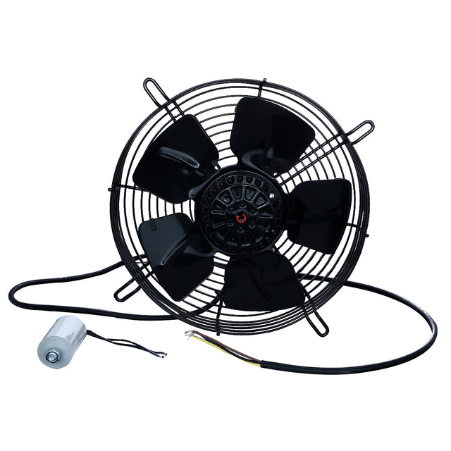 A black, circular metal industrial fan with five curved blades is shown. Featuring a protective wire grille, it’s pictured with attached electrical wiring and a silver cylindrical motor—ideal as an Empura Parts replacement for Empura Ice Machines.