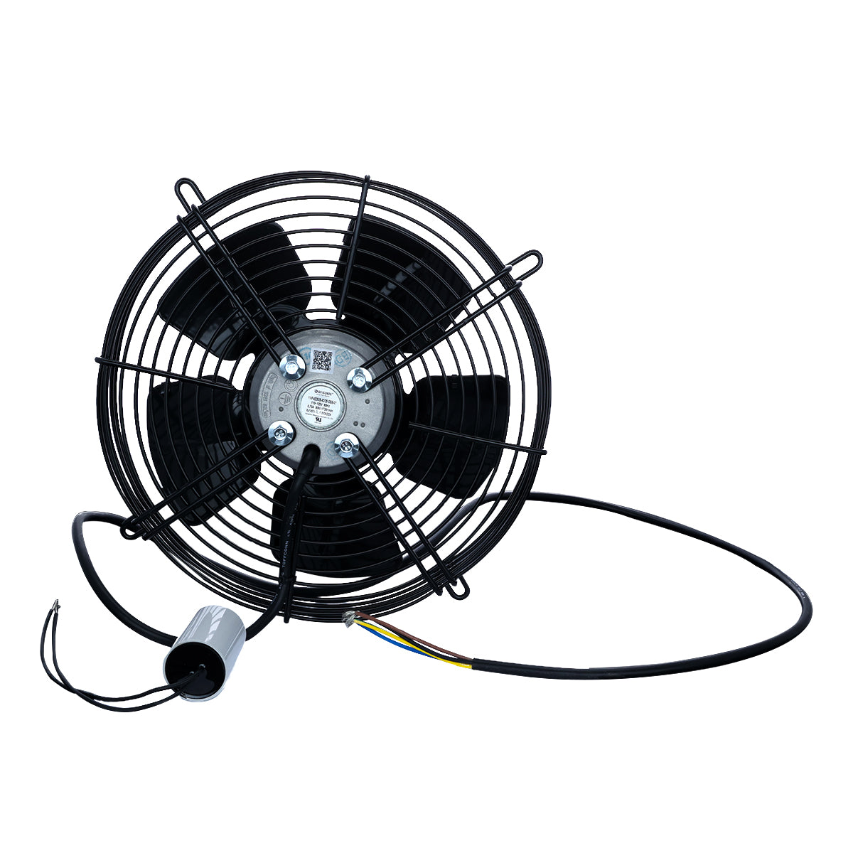 A black, round electric fan with five blades from Empura Parts is encased in a wire guard. Several cables extend from the center, including a thick black power cord and colored wires, attached to a cylindrical silver capacitor, all set against a white background.