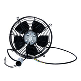 A black, round electric fan with five blades from Empura Parts is encased in a wire guard. Several cables extend from the center, including a thick black power cord and colored wires, attached to a cylindrical silver capacitor, all set against a white background.
