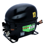 A black, dome-shaped Empura replacement compressor with copper pipes, a green model label, and a yellow warning sticker. The base has mounting holes, and electrical connectors are visible on the left side—ideal for Empura ice machine parts replacement.