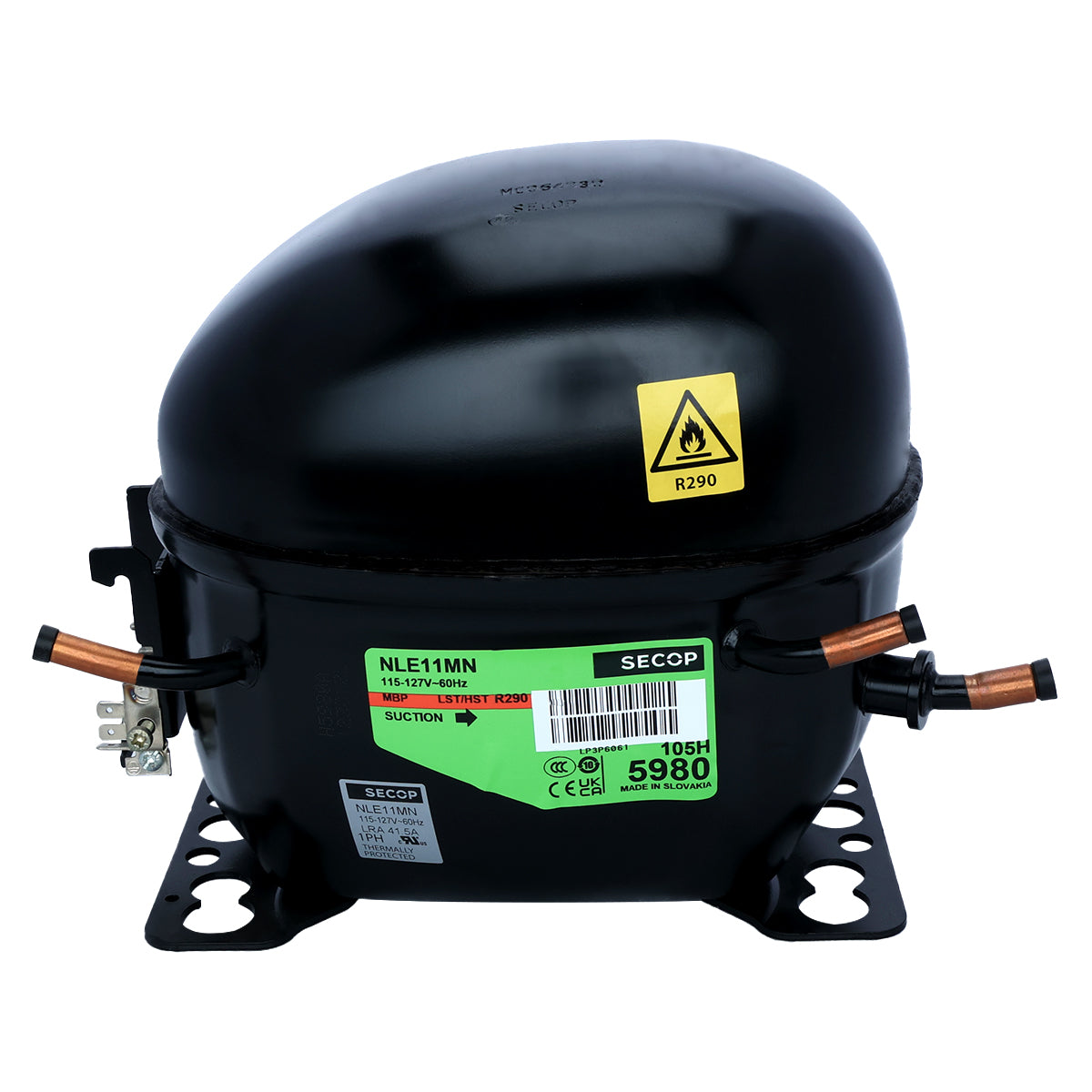 A black, oval-shaped compressor for Empura Ice Machines with copper pipes and mounting brackets. It features a green label with technical details, a yellow flammable gas (R290) warning, and Empura Parts manufacturer markings on the side.