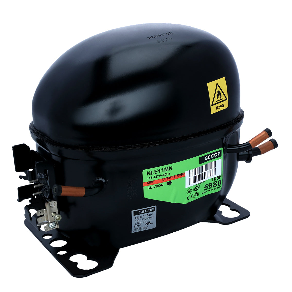 A black, oval-shaped refrigeration compressor with a glossy finish for Empura Ice Machines. It has a green manufacturer label, copper pipes on the side, a yellow “R290” warning label, and mounts to metal bases—ideal as a replacement Empura Parts compressor.