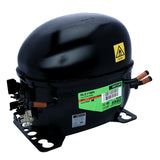 A black, oval-shaped refrigeration compressor with a glossy finish for Empura Ice Machines. It has a green manufacturer label, copper pipes on the side, a yellow “R290” warning label, and mounts to metal bases—ideal as a replacement Empura Parts compressor.