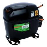 A black, cylindrical Secop refrigeration compressor—compatible with Empura ice machines like the E-MCF500—features copper pipes on both sides, a green label, warning sticker, and smooth, reflective surface with sturdy mounting brackets at its base.