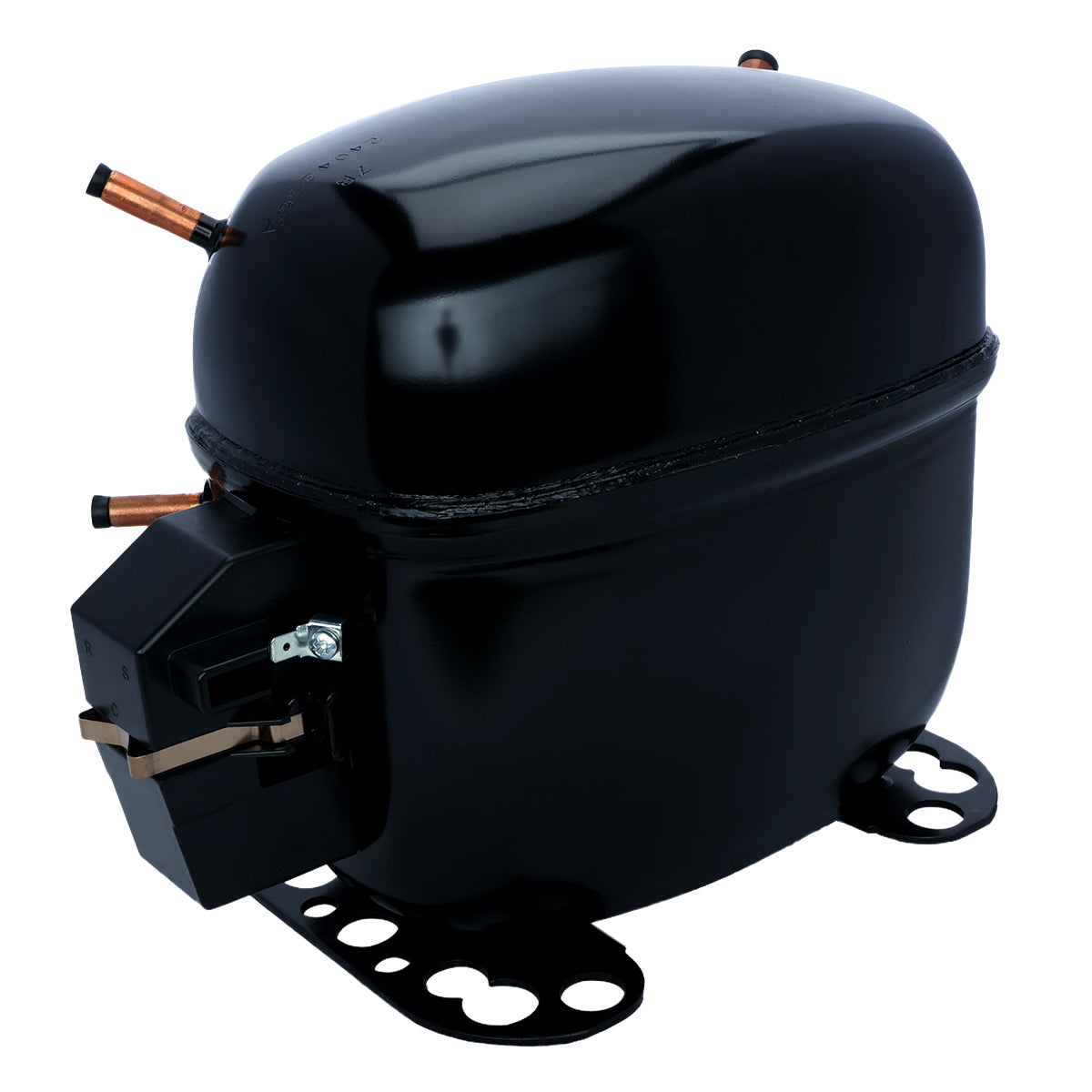 A glossy black E-MCF500 Empura compressor with three copper tubes and a mounted starter relay. The capsule-shaped unit, designed for Empura ice machines, sits on a base with mounting holes and features a smooth, rounded surface.