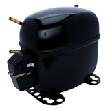 A glossy black E-MCF500 Empura compressor with three copper tubes and a mounted starter relay. The capsule-shaped unit, designed for Empura ice machines, sits on a base with mounting holes and features a smooth, rounded surface.