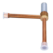 A T-shaped copper solenoid valve fitting with three cylindrical pipes joined at a brass connector. Two pipe ends have white plastic caps, and the top vertical pipe has a metallic silver end. Clean and unused, its shown against a white background.