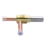 A copper refrigeration check valve, compatible with Empura Ice Machines, features three ports—two horizontal and one vertical—with translucent plastic caps. The central brass body has engraved text and connects to copper and silver-toned tubing.