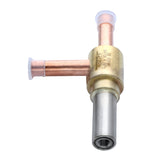 A metallic refrigeration solenoid valve with three copper tubes extending from a cylindrical brass center; two tubes have white plastic caps, and the longer bottom tube is silver metal with a threaded opening—ideal for Empura Ice Machines or as quality Empura Parts.