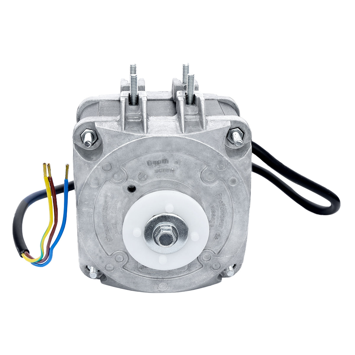 A metal electric motor, like an Empura fan component for Empura Ice Machines, with square housing, central shaft, bolts on top, exposed colored wires extending out the left, two black cables looping from the right, and a circular white plastic front.