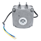A metallic electric motor for Empura Ice Machines with a central white spindle, two mounting bolts on top, and four colored fan wires (red, yellow, blue, black) extending from a black cable on the left side, set against a white background.